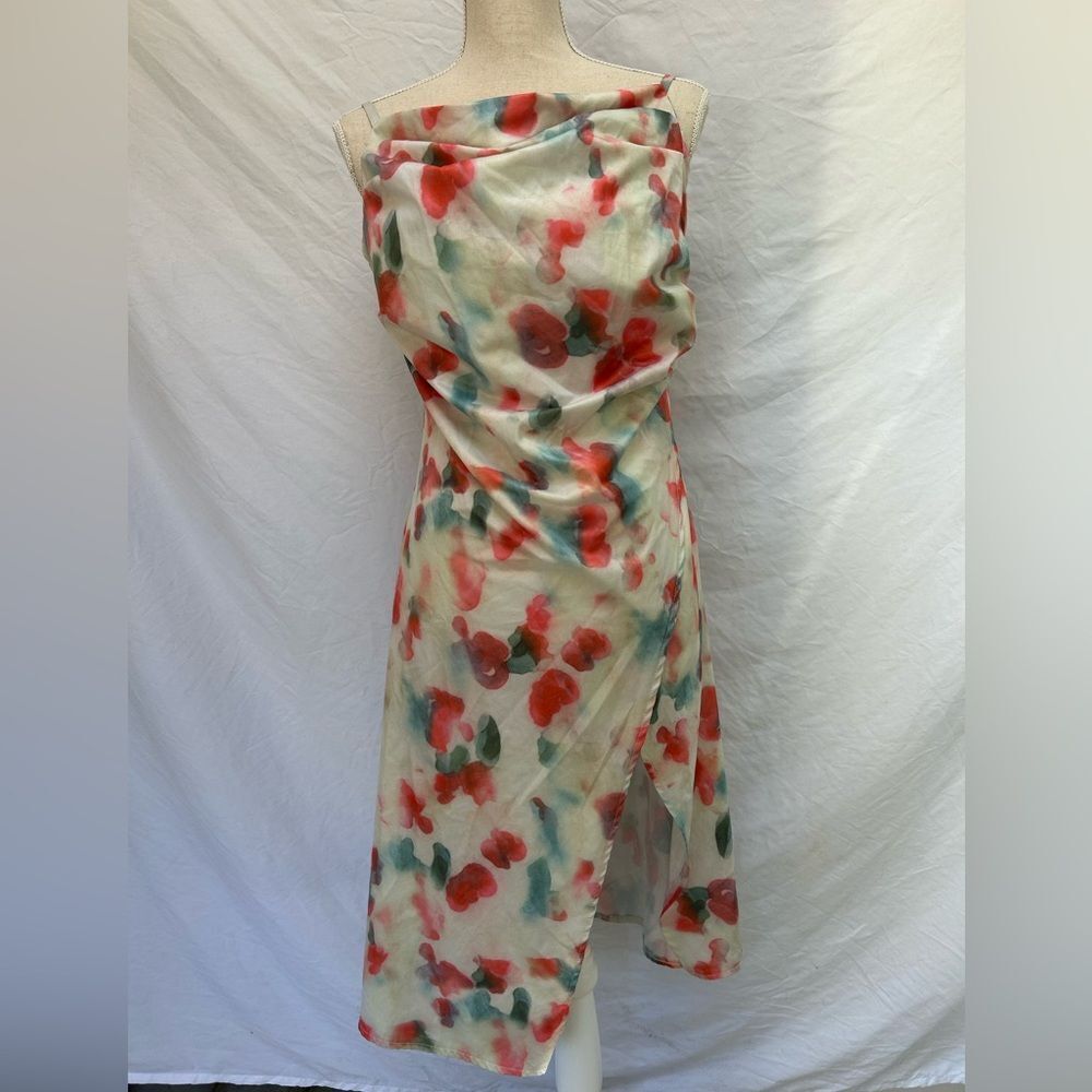 NO BRAND Cowl Watercolor Maximalist Dress Cream Red Split Hem Size 2 XS Small